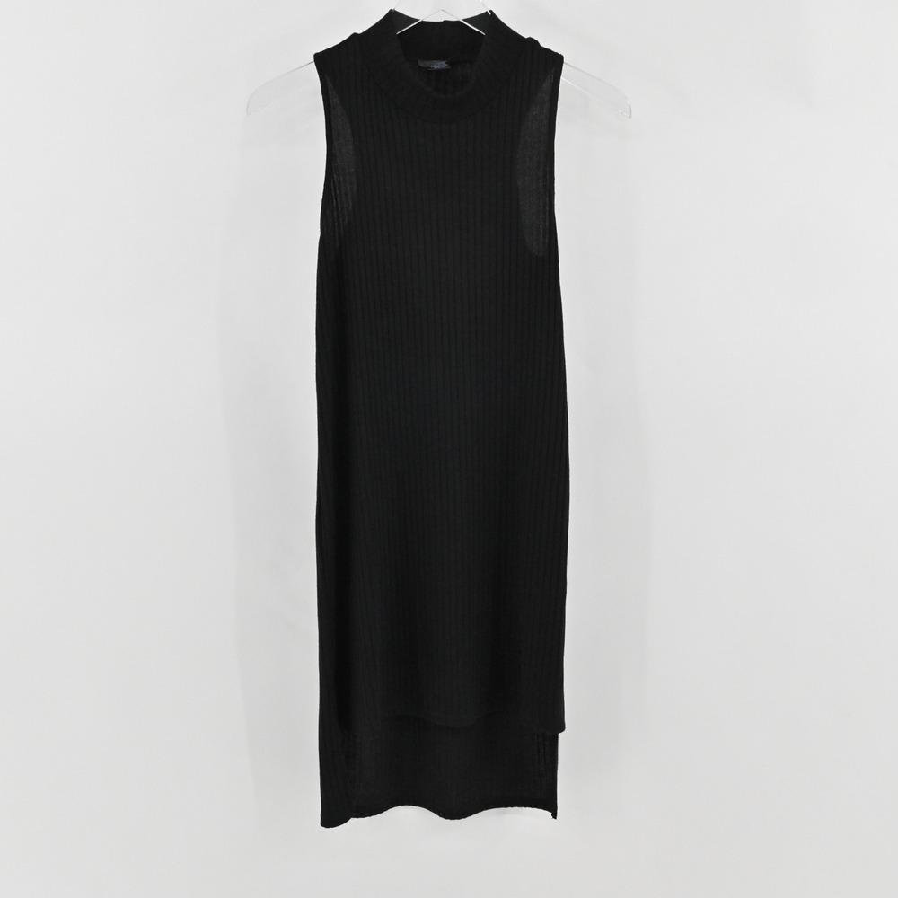 AQUA Mock Neck Ribbed Knit Sheath Dress Womens Size S Black Sleeveless LBD 6766 - Picture 2 of 13